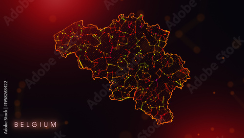 A creative cartography design featuring the Belgium country border in a colorful plexus style. Glowing red and orange dots and lines represent digital technology and business communication.