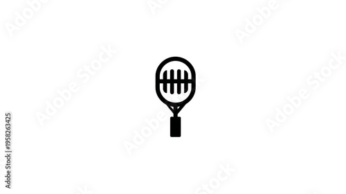 A black and white graphic of a tennis racquet, centered on a white background