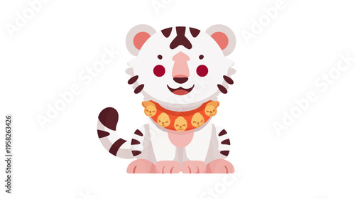 Adorable cartoon tiger with white fur, brown stripes, red cheeks, smiling, and wearing a skull collar