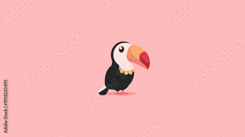 A cute cartoon-style bird with a large colorful beak and a gold necklace, on a pink background