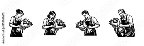 Black and white illustration of diverse florists arranging flower bouquets silhouette style
