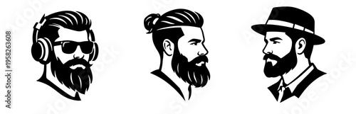 Set of stylish hipster male portraits featuring headphones, man bun, and hat in black silhouette style. Modern avatar collection for barber branding, fashion graphics, or profile design.