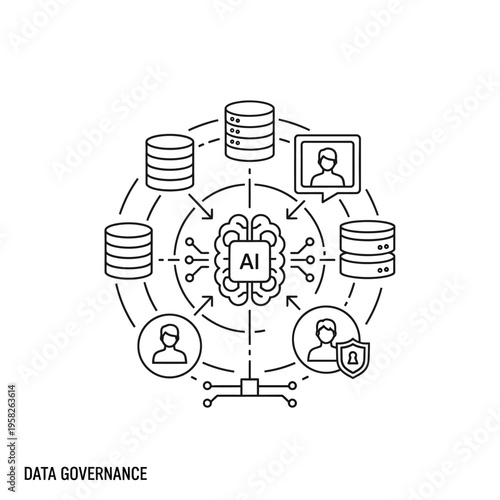 Conceptual illustration of AI-driven data governance, showcasing data storage, user privacy, and intelligent data management.