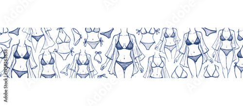 Hand drawn bikini under sheer cover up vector illustration. Blue line art women swimwear sketch isolated on transparent background