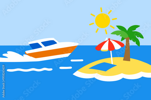 Small speedboat glides past a tiny tropical island with palm tree and beach umbrella under a bright sun. Summer sea travel, escape and adventure concept in flat vector style.