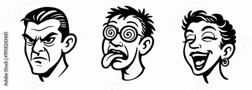 Collection of retro comic faces shows angry, dizzy and laughing expressions in black and white. Bold vector heads suit emotion packs, stickers, mascots and character design.