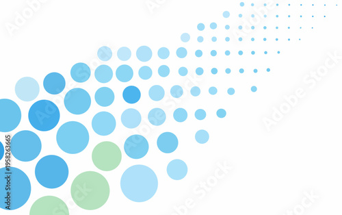 Blue and green circles fade into an arrow formation across white space. Flat vector background for data, speed, technology, digital transformation, and dynamic business movement.