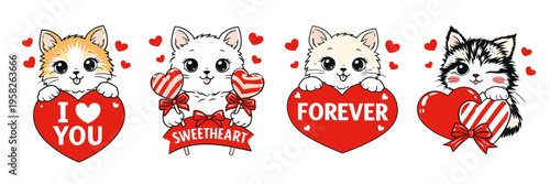 Set of four cute kitten stickers with hearts and romantic labels for Valentine theme. Playful vector collection with love messages, hand drawn details, and cheerful mood.