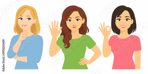 Set of women showing silence, raised hand and ok sign in a clean flat style. Friendly female characters illustrate communication, feedback, approval and social interaction concepts.