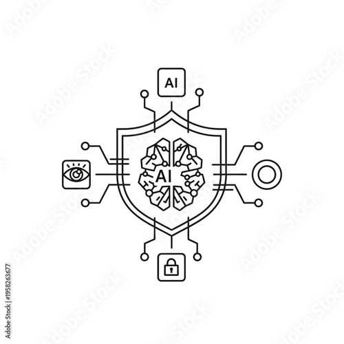 An abstract illustration depicting artificial intelligence and cybersecurity concepts, featuring a shield with a brain and AI text, surrounded by icons representing data, security, and vision.