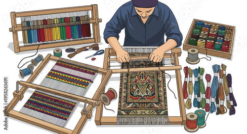 Person weaving intricate tapestry on a loom.