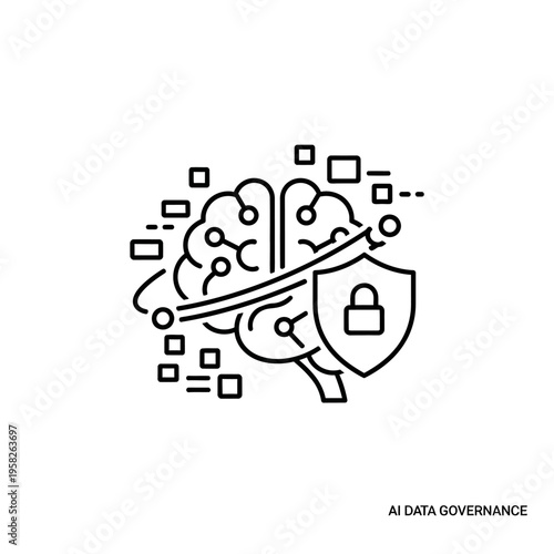 AI Data Governance: A conceptual illustration of artificial intelligence and data security, featuring a brain icon protected by a shield with a lock.