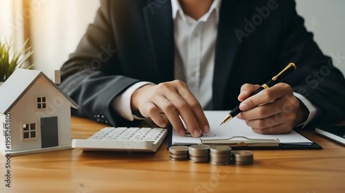 A businesswoman prepares to buy a house by calculating costs on a desk with a model home nearby
