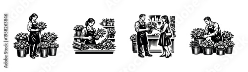 Black and white vector illustration of florists arranging and selling floral bouquets