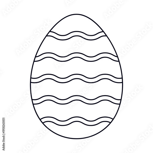Outline Easter egg with wavy line ornament in line art style. Isolated on white background. Simple coloring page vector illustration for kids, festive spring holiday design, print. Hand drawn.