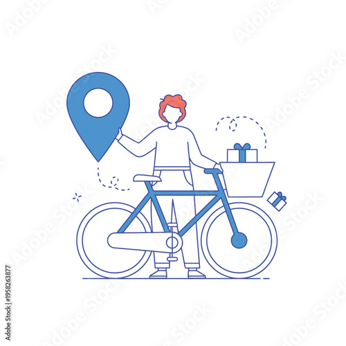 Person with Bicycle and Location Pin Delivering Gifts.