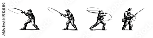 Black and white fisherman silhouette illustration, fishing vector art, angler in action sequence