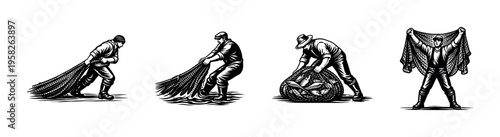 Vintage fishermen silhouette, black and white vector illustration of men with fishing nets, nautical theme