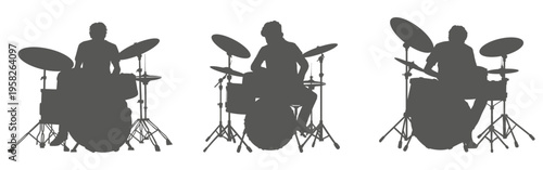 Drummer silhouette set playing drum kit – musician band performance illustration