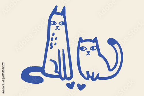 Two cats with hearts naive hand drawn vector illustration