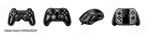 Detailed black and white vector illustrations of video game controllers and mouse