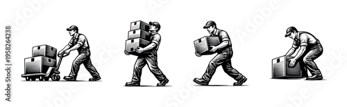 Delivery worker silhouettes carrying boxes vector illustration in black and white