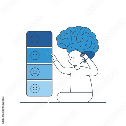 Person with Brain on Head and Emotion Scale.