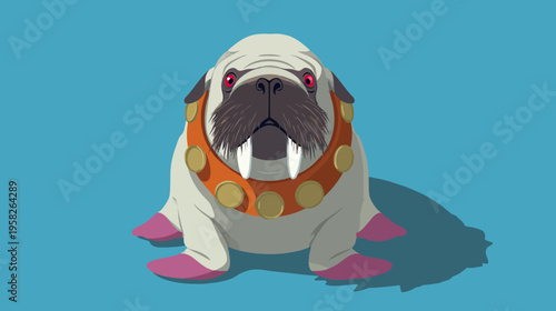 Pixelated artwork depicts a walrus-like creature with a tan body, red eyes, and a decorative collar
