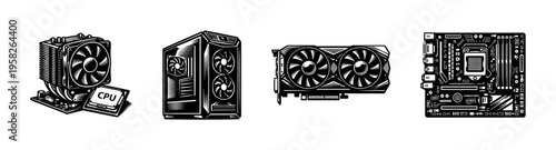 Vector illustration of computer hardware components in black and white silhouette style