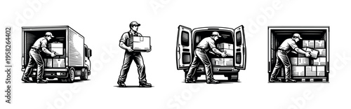 Delivery worker loading and unloading packages from trucks illustration black and white vector