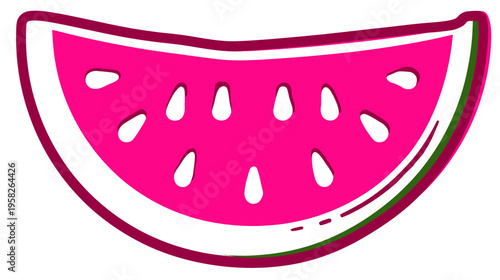 A cartoon watermelon slice featuring vibrant pink flesh, white rind, green edge and dark red outline