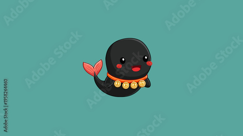 Adorable, cartoon-style seal with big eyes, rosy cheeks, and gold coins. Background is a teal color