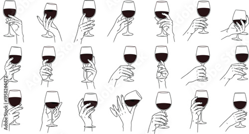 Vector set of various hands holding wine glasses featuring elegant line art illustrations for restaurant menus bar branding winery events and social celebration designs.