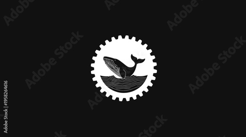 A grayscale logo of a whale breaching from stylized ocean waves, set in a gear-shaped frame