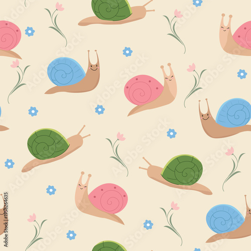 Cute kawaii cartoon snails vector seamless pattern. Numerous adorable snails with colorful shells create a repeating pattern surrounded by small flowers. Kids textile and wrapping paper.