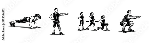 Fitness exercises illustration featuring plank lunges squats and personal trainer in black and white vector style