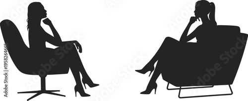 Silhouette of Two Women Sitting in Modern Armchairs Having a Professional Business Discussion or Therapy Session Isolated on White Background