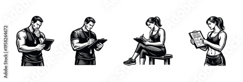 Personal trainer and fitness instructor illustrations with clipboards black and white vector