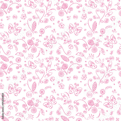 seamless pattern with hand-drawn elements, children's drawing with stylized flowers, butterflies and ornament fragments