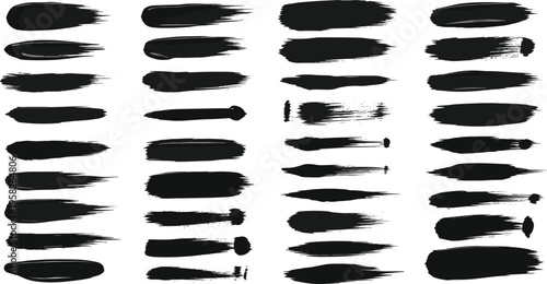 Large collection of black ink brush strokes and grungy paint smears featuring textured hand drawn vector elements for artistic backgrounds and creative graphic design.