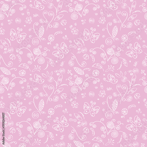 seamless pattern with hand-drawn elements, children's drawing with stylized flowers, butterflies and ornament fragments