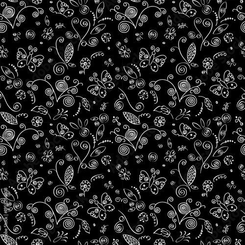 seamless pattern with hand-drawn elements, children's drawing with stylized flowers, butterflies and ornament fragments