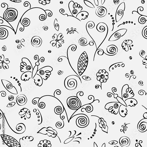 seamless pattern with hand-drawn elements, children's drawing with stylized flowers, butterflies and ornament fragments