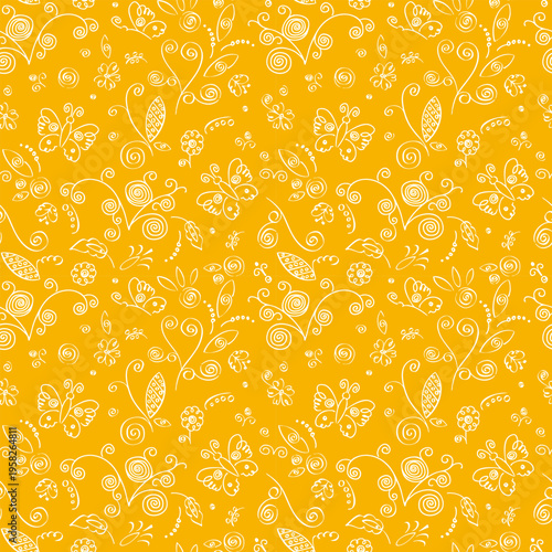 seamless pattern with hand-drawn elements, children's drawing with stylized flowers, butterflies and ornament fragments