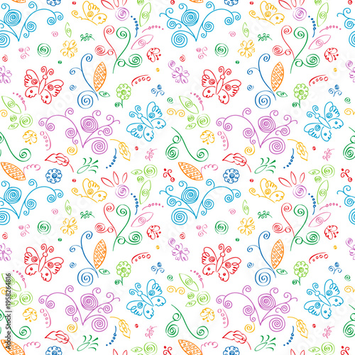 seamless pattern with hand-drawn elements, children's drawing with stylized flowers, butterflies and ornament fragments