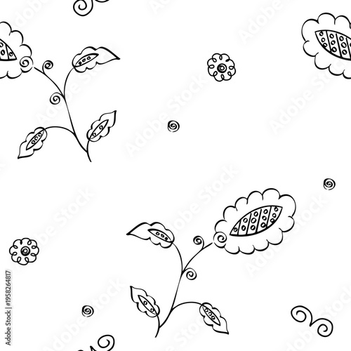 seamless pattern with hand-drawn elements, children's drawing with stylized flowers, butterflies and ornament fragments