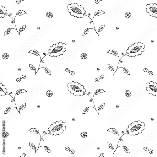 seamless pattern with hand-drawn elements, children's drawing with stylized flowers, butterflies and ornament fragments