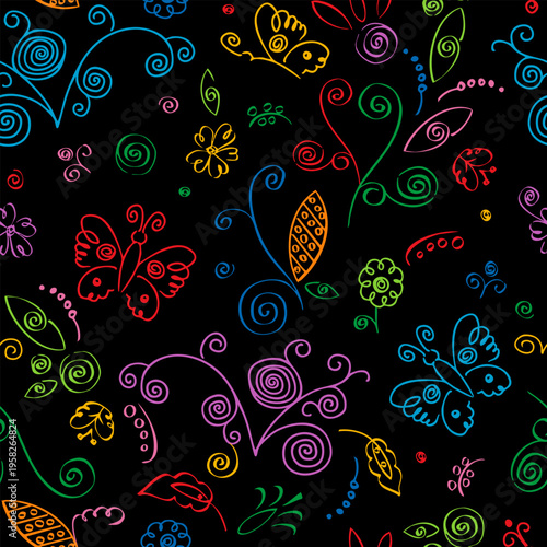 seamless pattern with hand-drawn elements, children's drawing with stylized flowers, butterflies and ornament fragments
