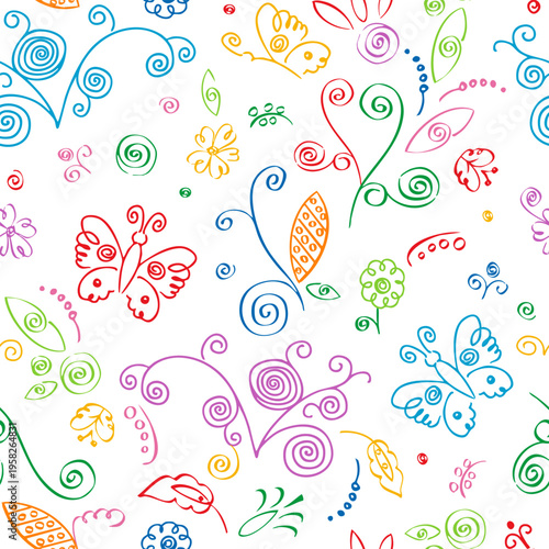 seamless pattern with hand-drawn elements, children's drawing with stylized flowers, butterflies and ornament fragments