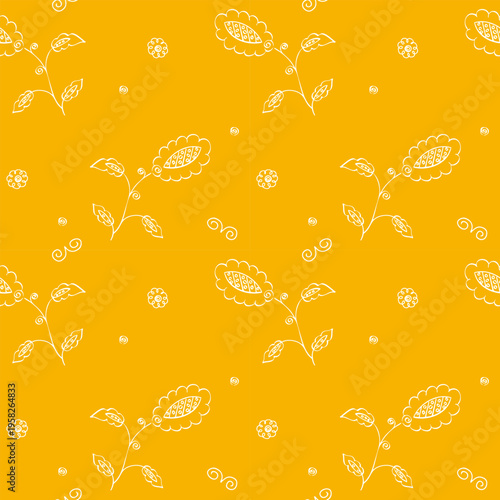 seamless pattern with hand-drawn elements, children's drawing with stylized flowers, butterflies and ornament fragments